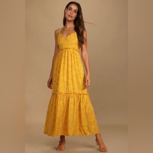 Charm and Charisma Mustard Yellow Burnout Floral Midi Dress - Large